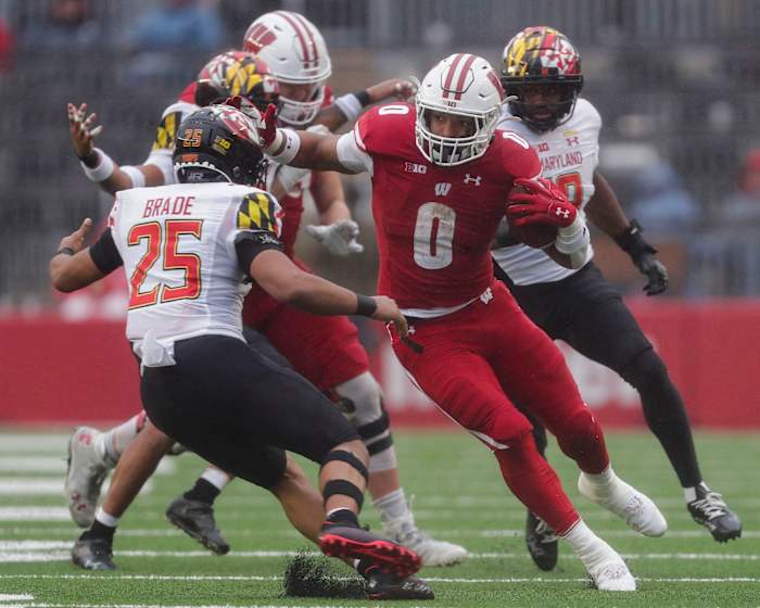 Wisconsin running back Braelon Allen runs the ball against Maryland